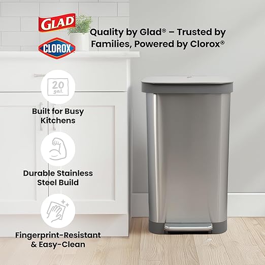 Glad Stainless Steel Step Trash Can, Series 2 with Clorox Protection - Large Metal Kitchen Garbage Bin with Soft Close Lid, Foot Pedal and Waste Bag Roll Holder, 20 Gallon - Image 7