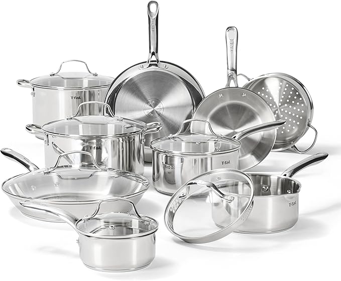 T-fal Gourmet 15-Piece Stainless Steel Cookware Set, Pots and Pans Cooking Set, Dishwasher Safe, Oven Safe to 500°F, Induction Compatible, Stock Pot, Sauce, Saute, Frying Pans, Silver by T-falbrand