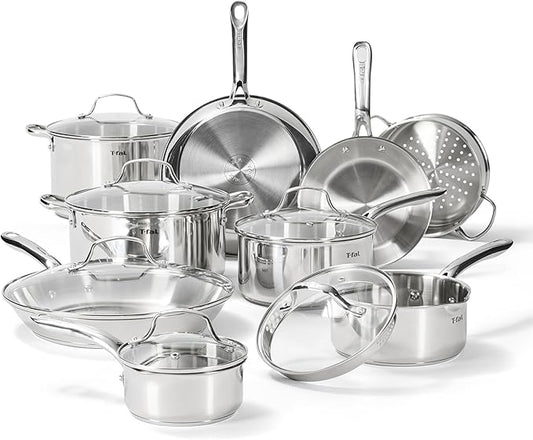 T-fal Gourmet 15-Piece Stainless Steel Cookware Set, Pots and Pans Cooking Set, Dishwasher Safe, Oven Safe to 500°F, Induction Compatible, Stock Pot, Sauce, Saute, Frying Pans, Silver by T-falbrand