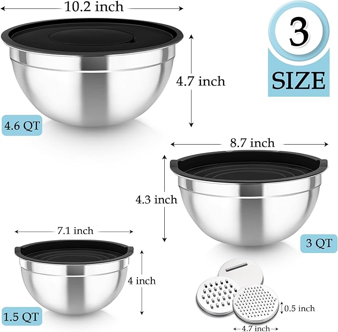 TeamFar Mixing Bowls, Stainless Steel Nesting Salad Bowls with Lids Set of 3 & 3 Grater Attachments, For Mixing/Serving/Storing, Non-toxic & Long-lasting, Size 4.6/3 / 1.5 QT, Black - Image 2