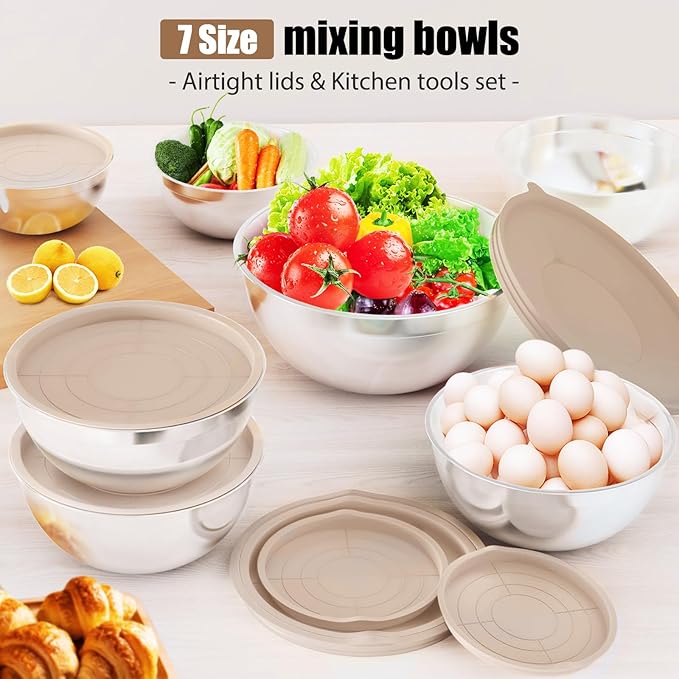 ENVTEK 7-Piece Stainless Steel Mixing Bowls Set with Lids & 3 Grater Attachments – Size 4.5, 4, 3.5, 2.1, 1.5, 1.1, 0.7QT, Kitchen Gadgets Set for Cooking, Baking, and Serving, Khaki - Image 6