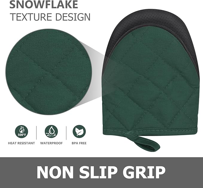1 Pair Short Oven Mitts - Silicone Kitchen Oven Gloves High Heat Resistant 500℉, Mini Oven Mits with Non-Slip Grip Surfaces and Hanging Loop for BBQ, Baking, Cooking and Grilling (ArmyGreen) - Image 5