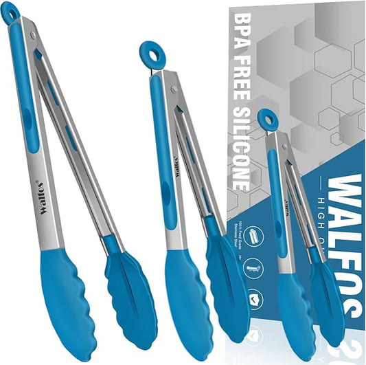 Walfos Kitchen Tongs - 7" 9" and 12" Heat Resistant Food tongs, Thickened Stainless Steel and BPA Free Silicone Tips, Great for Cooking, Grilling, Turning, Dishwasher safe(3 blue silicone tongs) by Walfos