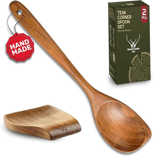 CORNER Teak Wooden Spoon for Cooking With Teak Spoon Rest - Made of Premium Natural Teak Wood by WOODLANDSUSA