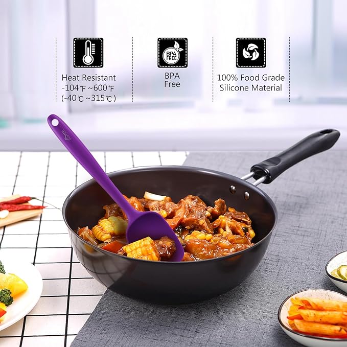 HOTEC 600℉ Heat Resistant BPA-Free Silicone Rubber Spatula Set for Baking, Cooking, and Mixing Non Stick Dishwasher Safe, Purple Set of 5 - Image 4