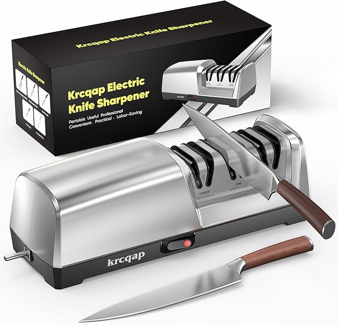 Knife Sharpener Electric for Kitchen - 3-Stage Kitchen Knife Sharpener - 15°Precision Angle Guide Knife Sharpeners - Stainless Steel Grinding Head-Portable and Useful-Fast Sharpening, Repair, Polish by Krcqap