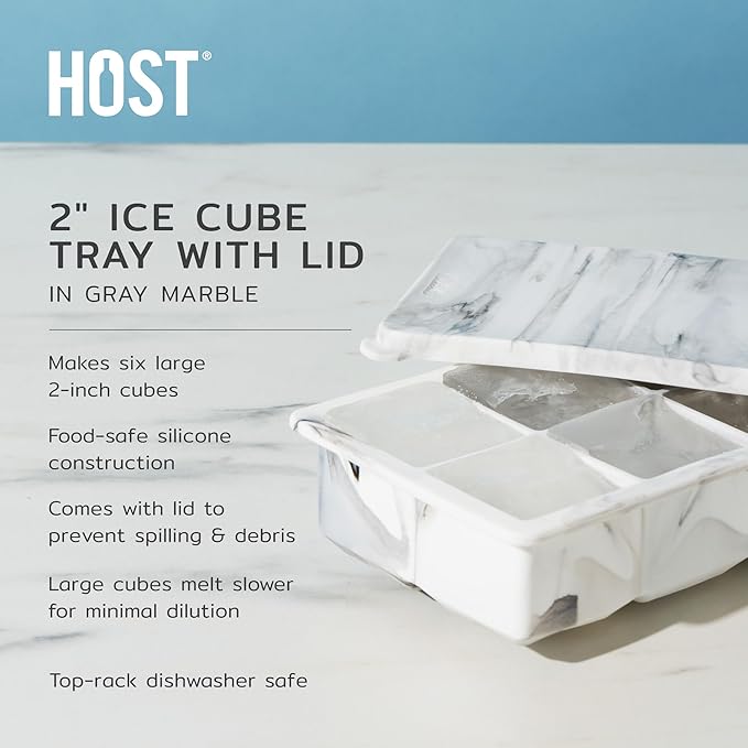 Host Ice Cube Tray with Lid, Makes 6 Large 2" Cubes, Durable Silicone Trays, Perfect for Cocktails, Beverages, Mocktails, Iced Coffee, Tea, Infused Water, Kitchen Essentials, Set of 1, Marble