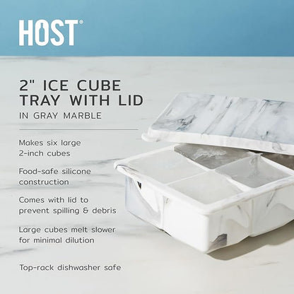 Host Ice Cube Tray with Lid, Makes 6 Large 2" Cubes, Durable Silicone Trays, Perfect for Cocktails, Beverages, Mocktails, Iced Coffee, Tea, Infused Water, Kitchen Essentials, Set of 1, Marble