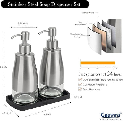 Gaussra Kitchen Soap Dispenser Set with Silicone Tray and Stickers - Brushed Nickel, Stainless Steel Glass Soap Dispenser Bathroom, Refillable Hand Dish Dispenser for Kitchen Sink - Image 3
