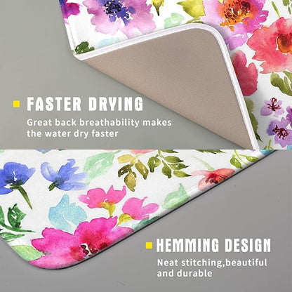 Spring Floral Dish Drying Mat for Kitchen Counter Flower Microfiber Absorbent Dish Draining Reusable Washable Foldable 16"x18" - Image 3