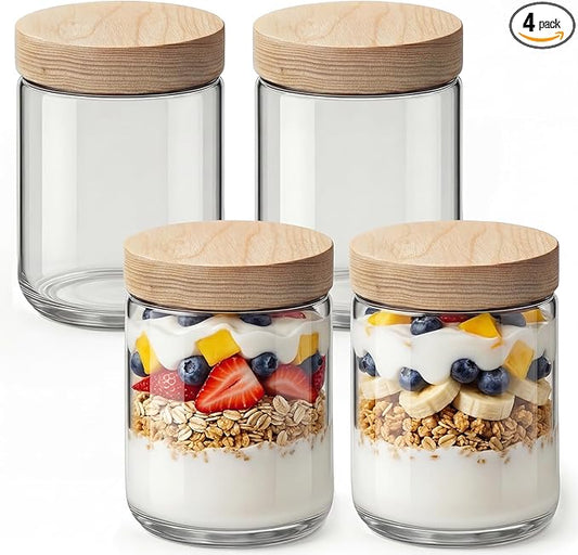 16oz 4 Pack Overnight Oats Containers with Lids, Glass Mason Jars with Ashwood Wood Airtight Lids, Wide Mouth Meal Prep Storage Jars for Yogurt, Chia Pudding, Salad, Snacks, Spice