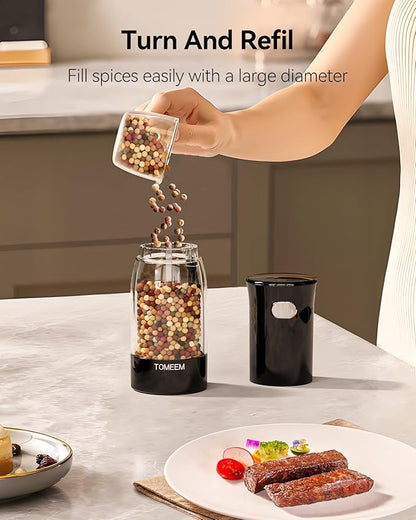 TOMEEM Electric Salt and Pepper Grinder Set – Rechargeable with LED Power Indicator, 5-Level Adjustable Grinding, LED Light, 4.5oz Large Capacity Salt and Pepper Shakers with Storage Base