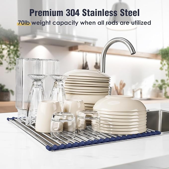 Tomorotec 21" x 15.5" Roll Up Dish Drying Rack Over Sink Drying Rack Sink Cover Kitchen Sink Accessories Gadget Multipurpose Organizer Foldable Stainless Steel Drainer - Image 5