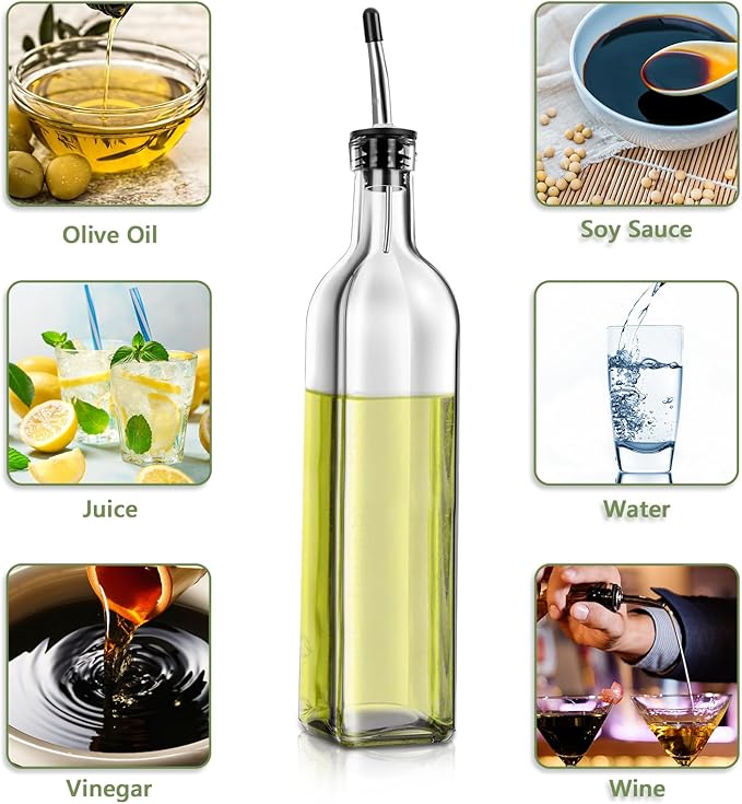 Leaflai Olive Oil Dispenser Bottle, 2 Pcs Glass Olive Oil Dispenser and Vinegar Dispenser Set with 2 Stainless Steel Pourers, 4 Labels,1 Brush and 1 Funnel Oil Bottles for Kitchen (500ml) - Image 4