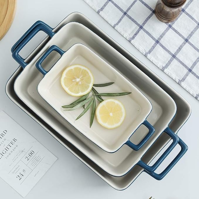 KOOV Bakeware Set, Ceramic Baking Dish, Rectangular Baking Pans Set, Casserole Dish for Cooking, Cake Dinner, Kitchen, Wrapping Upgrade, 12 x 8.5 Inches, 3-Piece (Gradient Blue) - Image 5