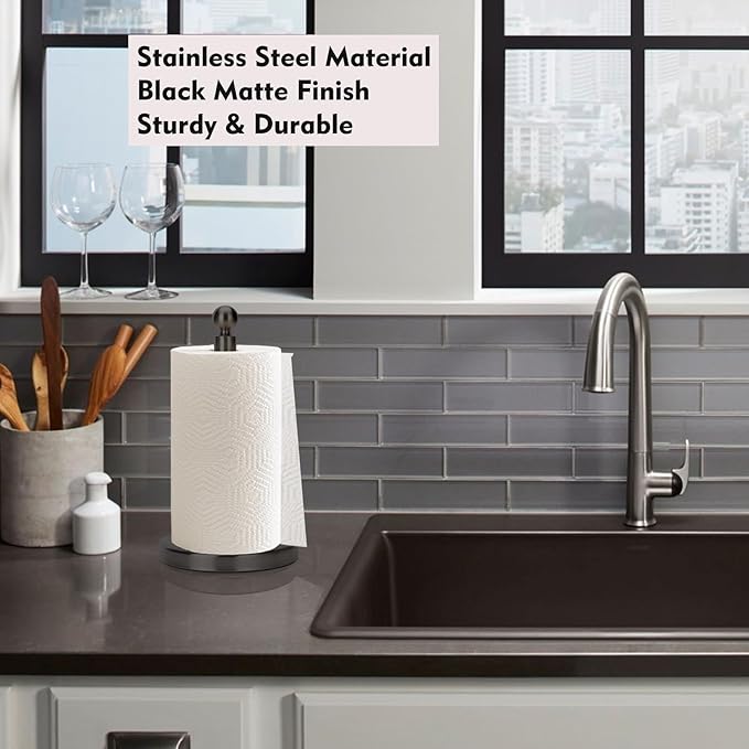 Kalitro Paper Towel Holder Countertop, Standing Paper Towel Roll Holder for Kitchen Bathroom, with Weighted Base for One-Handed Operation, No Wobbly (Stainless Steel Base, Black) - Image 6