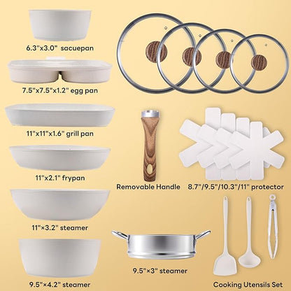 NEWBULIG 17-Piece Nonstick Cookware Set, Non-Toxic Pots and Pans with Stay-Cool Handles, Induction Compatible Cookware, PFAS & PFOA-Free, Cream White