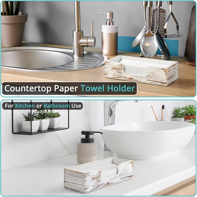 Paper Towel Dispenser Countertop, Retro White Wood Bathroom Paper Towel Holder, Black Napkin Holder for Kitchen, Countertop Multifold C-Fold, Z-Fold, Trifold Paper Hand Towel Dispenser for Toilet - Image 3