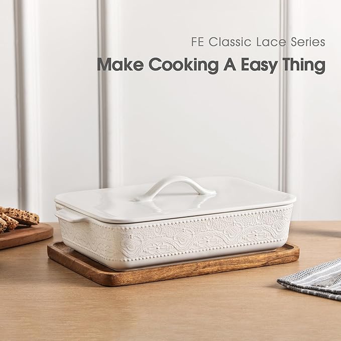 Casserole Dish with Lid, Ceramic 9x13 Casserole Dish for Oven, Rectangular Bakeware, Large Baking Dish with Handles for Holiday Cooking, Roasting, Baking, Oven & Microwave Safe (White) - Image 3