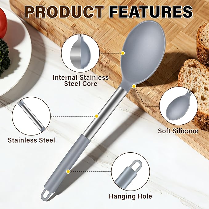 3Pcs Silicone Cooking Spoon Set, Kitchen Utensils Include Solid & Slotted Spoon, Soup Ladle, Food-Grade Heat Resistant 446°F, Non-Scratch Spoons for Serving, Stirring, Draining, Dishwasher Safe, Gray - Image 3