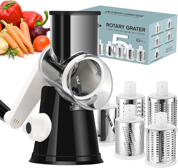 Ourokhome Rotary Cheese Grater Hand Crank, Kitchen Shredder Speed Mandolin Slicer Ice Shaver with Handle and Drum Blades for Cheese, Vegetable, Nuts, Chocolate, Potato, Carrot, 5 Blades, Black by Ourokhome