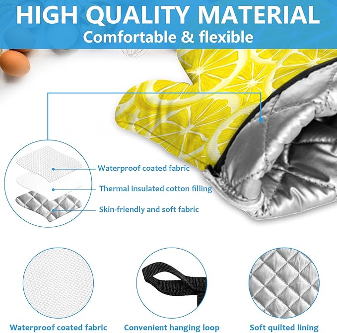 Watercolor Lemon Oven Mitts and Pot Holders Sets Heat Resistant 4Pcs Potholders Oven Gloves Hot Pads for Kitchen Baking Cooking Grilling BBQ