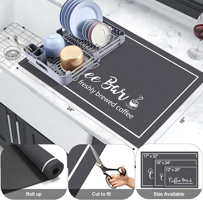 Findosom Dish Drying Mat, 16"x 24" Super Absorbent & Hide Stain Coffee Mat, Cuttable Drying Mat for Kitchen Counter, Coffee Bar Accessories, Under Dish Rack, Coffee Maker, Espresso Machine, DarkGrey - Image 2