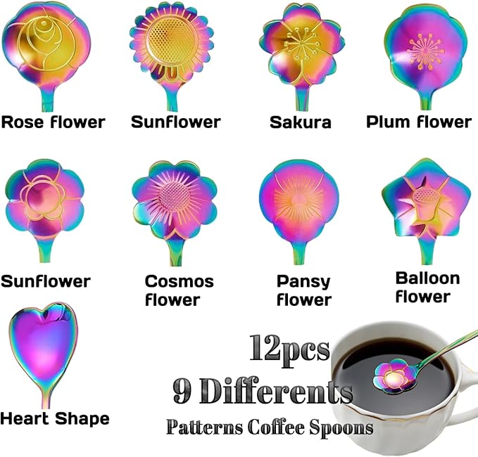12 Pcs Flower Coffee Tea Spoons Set with Storage Bag, 4 Long & 8 Short Stainless Steel Teaspoons for Sugar Dessert Ice Cream Stirring, Cute Fancy Tableware for Tea Party Kitchen Cafe Bar(Multicolor)