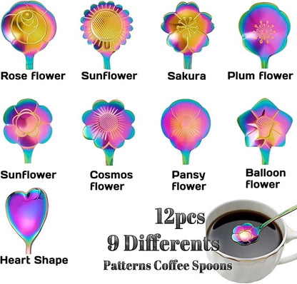 12 Pcs Flower Coffee Tea Spoons Set with Storage Bag, 4 Long & 8 Short Stainless Steel Teaspoons for Sugar Dessert Ice Cream Stirring, Cute Fancy Tableware for Tea Party Kitchen Cafe Bar(Multicolor)