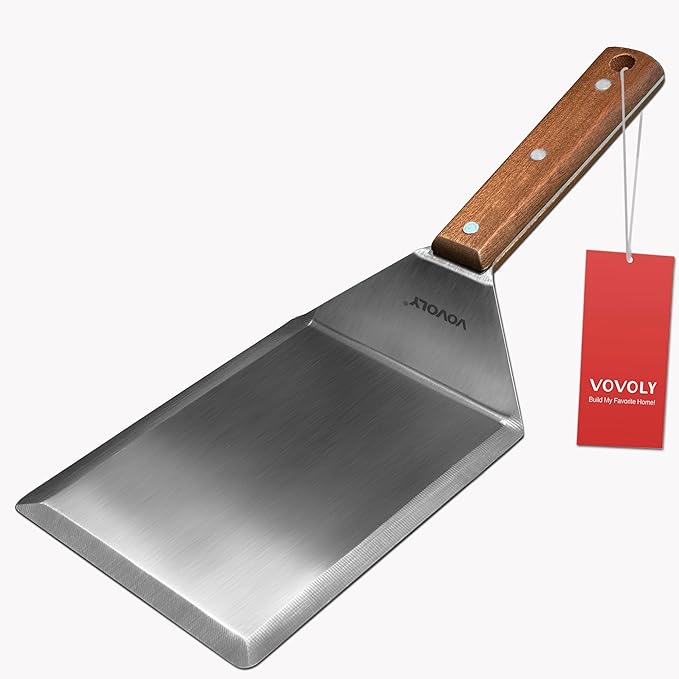 Extra Wide Spatula, Large Metal Spatula with Full Tang Wooden Handle & Beveled Edges for Skillets, Griddles & Grills, Pancake Flipper Turner, Smash Burgers Turner, 6 x 5-inches by VOVOLY
