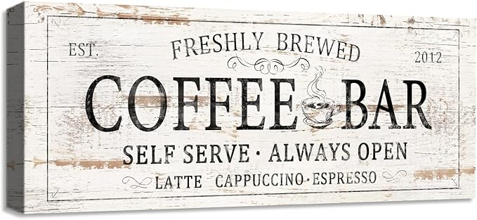 Coffee Bar Sign Decor Rustic Kitchen Canvas Sign Farmhouse Bar Hanging Wall Decor Self Serve Always Open Vintage Plaque Signs for Coffee Station Home Office 6x17 by SOOTHAN