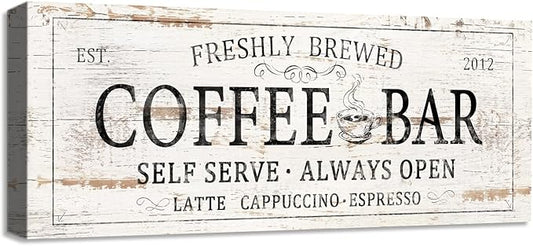 Coffee Bar Sign Decor Rustic Kitchen Canvas Sign Farmhouse Bar Hanging Wall Decor Self Serve Always Open Vintage Plaque Signs for Coffee Station Home Office 6x17 by SOOTHAN