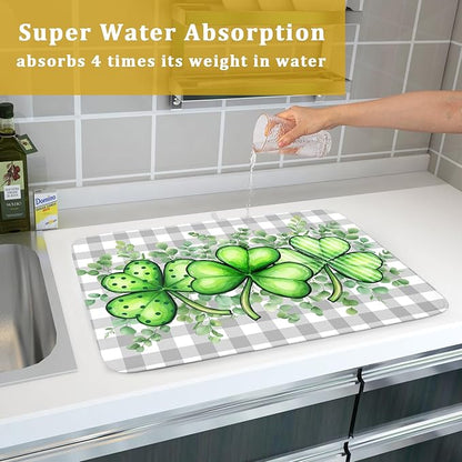 St Patricks Day Dish Drying Mat for Kitchen Counter Shamrocks Eucalyptus Leaf Holiday Microfiber Absorbent Dish Draining Reusable Washable Foldable Extra Large 18"x24" - Image 7