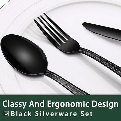 EWFEN 24-Piece Black Silverware Set with Steak Knives, Black Flatware Set for 4, Food-Grade Stainless Steel Tableware Cutlery Set, Mirror Finished Utensil Sets for Home Restaurant, Pearled Edge - Image 3