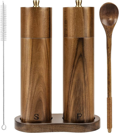Wooden Salt and Pepper Grinder Set,8 Inch Manual Salt and Pepper Mill, Adjustable Coarseness and Refillable,Acacia Wood Pepper Grinder for your kitchen[Set of 2]