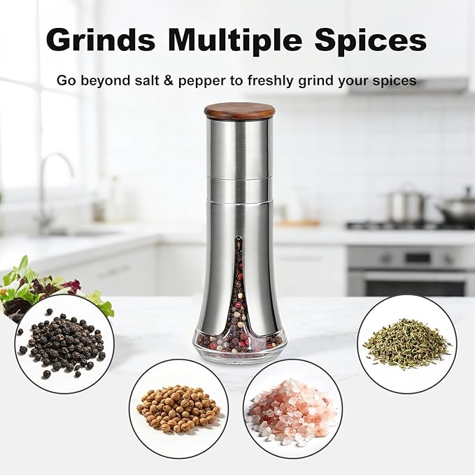 Aelga Pepper Mill - 4oz Stainless Steel Pepper Grinder Manual with 5-Level Adjustable Coarseness, Wood Lid, Silicone Funnel - Image 6