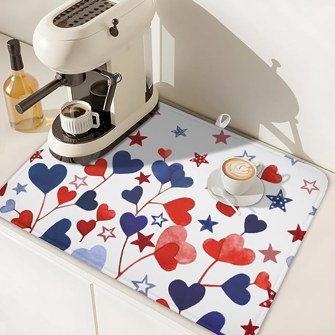 4th of July Dish Drying Mat for Kitchen Counter Patriotic Red Blue Star Love Heart Pattern Microfiber Dish Drainer Mat Independece Day Absorbent Washable Drying Pad Extra Large 18"x24"