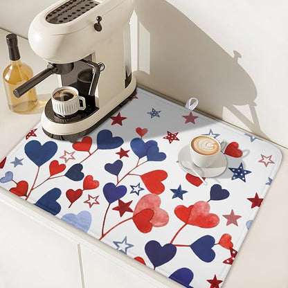 4th of July Dish Drying Mat for Kitchen Counter Patriotic Red Blue Star Love Heart Pattern Microfiber Dish Drainer Mat Independece Day Absorbent Washable Drying Pad Extra Large 18"x24"