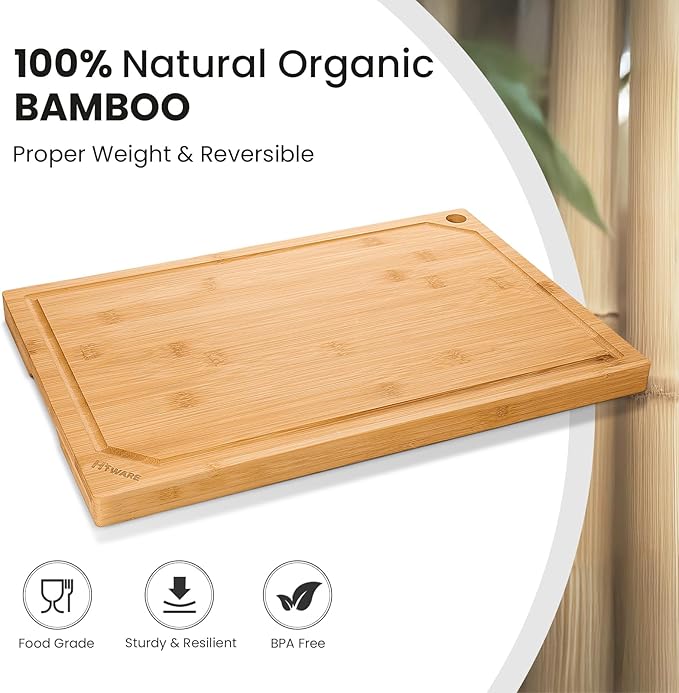 Hiware Extra Large Bamboo Cutting Board for Kitchen, Heavy Duty Wood Cutting Board with Juice Groove, 100% Organic Bamboo, Pre Oiled, 18" x 12" - Image 2
