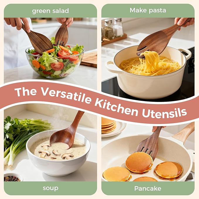 Wooden Spoons for Cooking - 7 Pieces Wooden Kitchen Utensils Set, Smooth Natural Teak Wood Utensil Set, Nonstick Heat-Resistant Cooking Utensils - Lightweight & Sturdy, Wooden Spatula for Cooking - Image 3