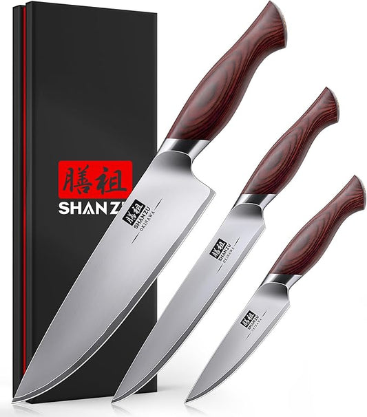 SHAN ZU Japanese Knife Set 3 PCs, High Carbon 10Cr15Mov Stainless Steel Chef Knife Set, Ultra-Sharp Professional Kitchen Knives Set with Ergonomic Pakkawood Handle and Elegant Gift Box by SHANZU