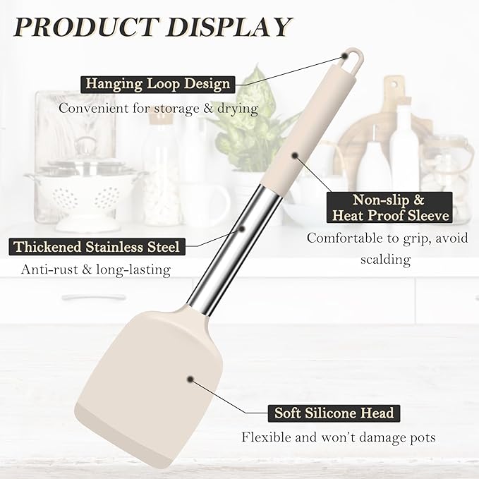 TeamFar Kitchen Utensils, 4 PCS Silicone Cooking Utensils Spatula Spoon Set with Stainless Steel Handle, for Frying Mixing Draining Turning, Healthy & Heat-proof, Non-stick & Dishwasher Safe - Khaki - Image 3