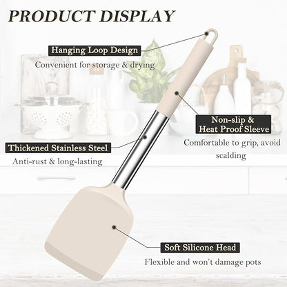 TeamFar Kitchen Utensils, 4 PCS Silicone Cooking Utensils Spatula Spoon Set with Stainless Steel Handle, for Frying Mixing Draining Turning, Healthy & Heat-proof, Non-stick & Dishwasher Safe - Khaki - Image 3