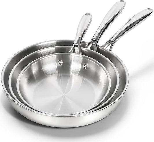 MICHELANGELO 18/10 Stainless Steel Frying Pan Set, 8" / 9.5" / 11" Cooking Pans, Triply Base Stainless Steel Pan Set with Ergonomic Handle, Induction Compatible