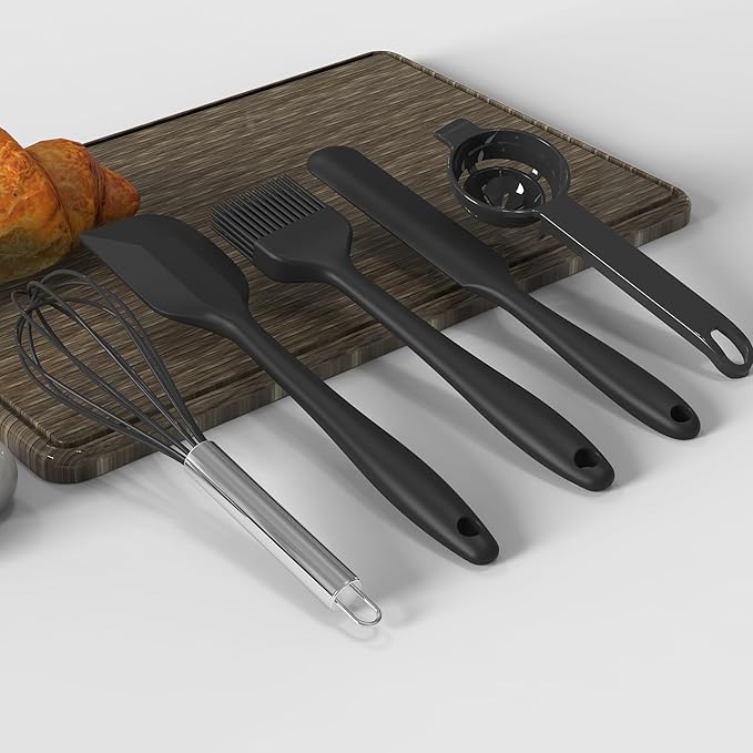 oannao Large Silicone Cooking Utensils Set - Heat Resistant Kitchen Utensils Sets,Spatula,Spoon,Turner Tongs,Whisk,Stainless Steel Cooking Utensil for Nonstick Cookware Dishwasher Safe (Black) - Image 7