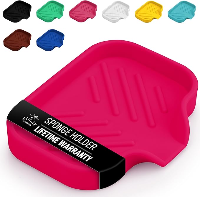 Zulay Kitchen Small Silicone Sponge Holder (4.9x3.3”) – Space-Saving Sink Organizer Tray for Sponge, Soap, Brush & More – Compact Non-Slip Dish for Kitchen & Bathroom (Dragon Fruit) by ZulayKitchen