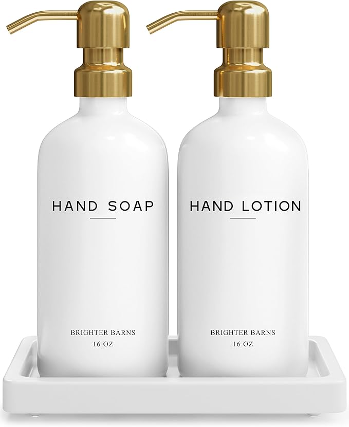 Luxury Glass Soap and Lotion Dispenser Set with Tray by Brighter Barns - Hand Soap Dispenser Bathroom Set & Stainless Steel Pump for Home or Airbnb - White and Gold Bathroom Accessories & Decor (Gold) by BrighterBarns