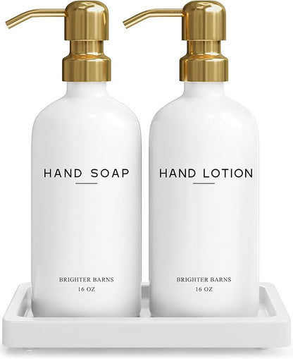 Luxury Glass Soap and Lotion Dispenser Set with Tray by Brighter Barns - Hand Soap Dispenser Bathroom Set & Stainless Steel Pump for Home or Airbnb - White and Gold Bathroom Accessories & Decor (Gold) by BrighterBarns