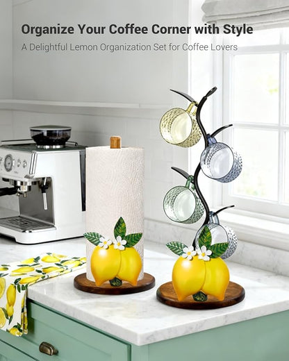Lemon Paper Towel Holder, Yellow Lemon Kitchen Decor for Countertop, Gifts for Women, Wooden Stand with 3D Resin Fruit Accent, Non-Slip Base, Fits Standard & Jumbo Rolls