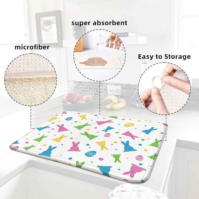 Easter Dish Drying Mat for Kitchen Counter 18" X 24" Microfiber Absorbent, Small & Compact Red Kitchen Draining Mat for Countertops Dish Drainer Mat Drying Pad Foldable Utensils, and Cookware - Image 5